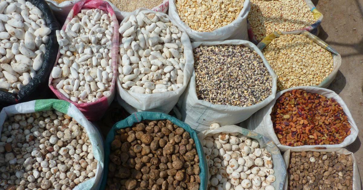 Peruvian potatoes and grains in bags at a market. Image by LoggaWiggler from Pixabay.