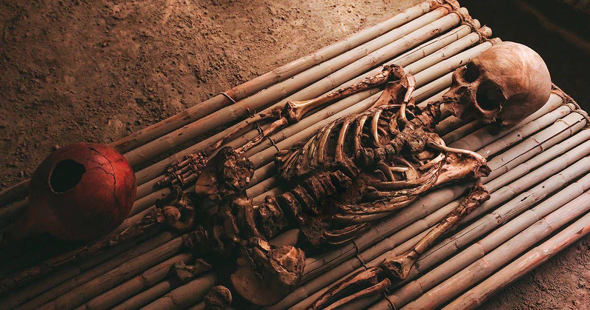 A skeleton and a ceramic pot at the Royal Tombs of Sipan Museum in northern Peru. Photo by Giancarlo Revolledo on Unsplash.