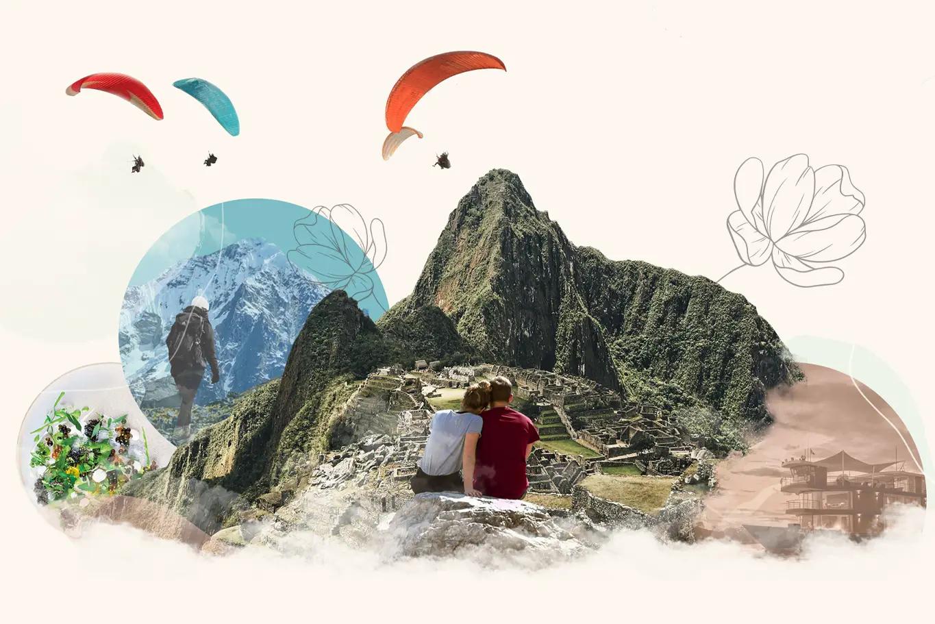 A collage of Peru, a female backpacker and a photographer taking a photo.