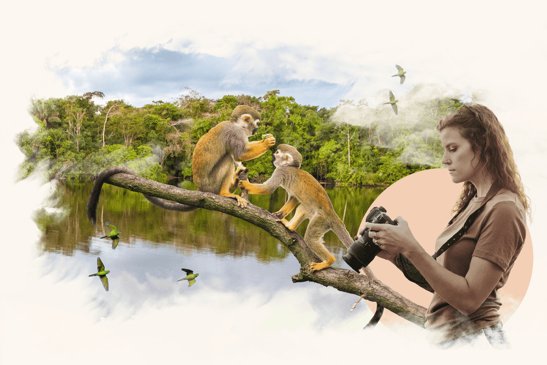 A collage of Machu Picchu, a female backpacker and a photographer taking a photo.