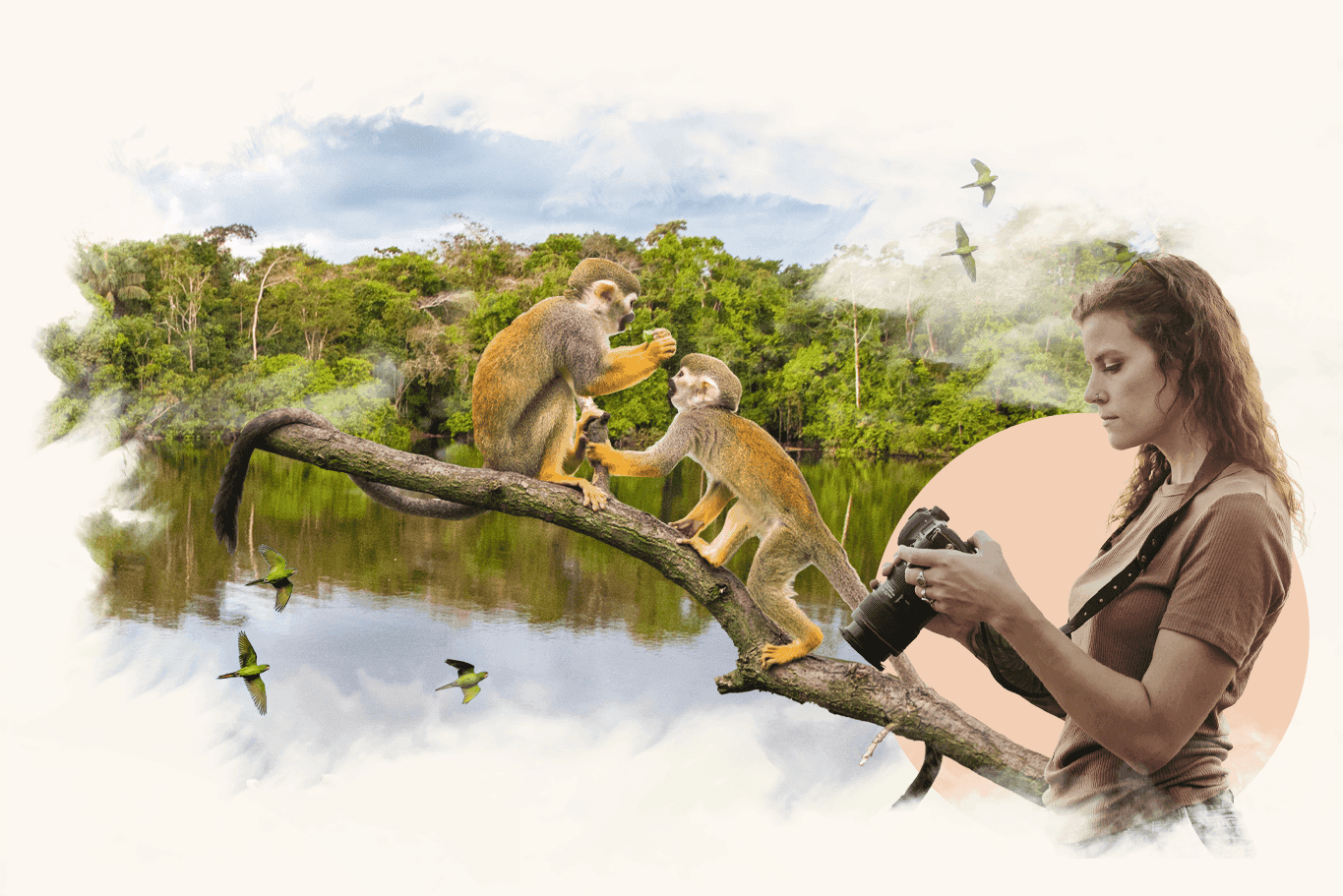 A collage of Machu Picchu, a female backpacker and a photographer taking a photo.