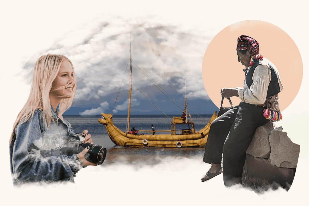 A collage of Machu Picchu, a female backpacker and a photographer taking a photo.