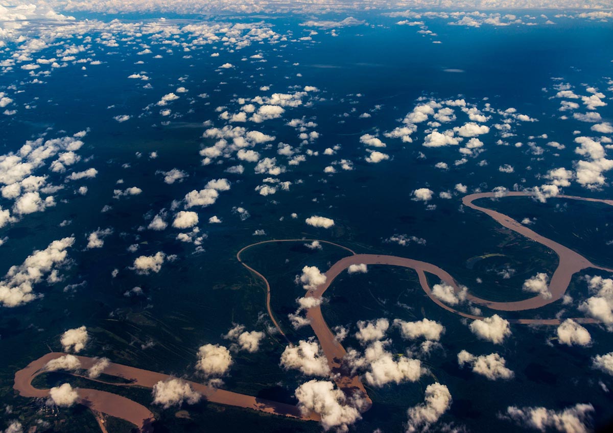 The winding Amazon River as seen from above Iquitos, Peru