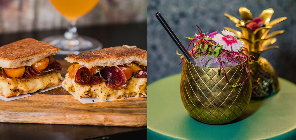2 images side by side of a gourmet prosciutto sandwich and an ornate cocktail in a golden cup.