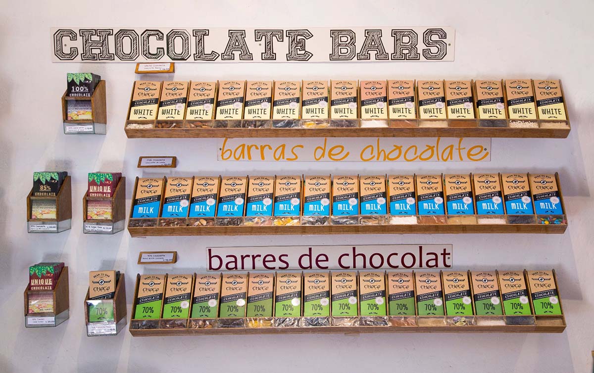 White, milk and dark chocolate bars for sale in the gift shop of ChocoMuseo in Peru.
