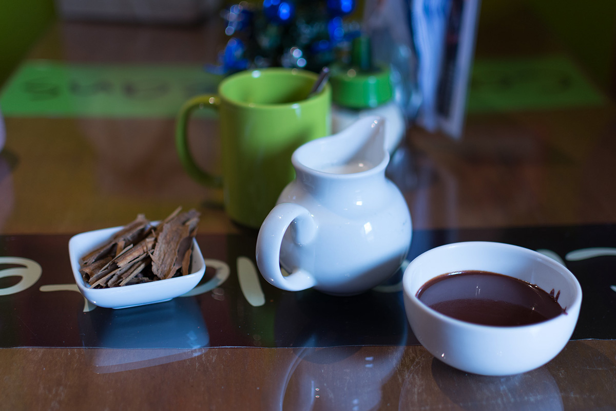 Hot chocolate and cacao shell tea, served at the cafe area in ChocoMuseo, a chocolate museum in Peru
