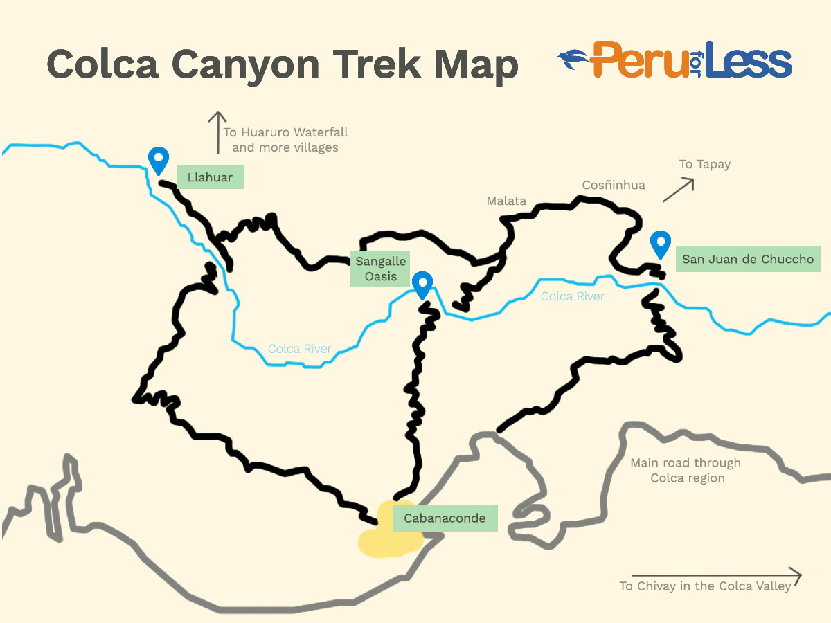 various walking routes in Colca Canyon from Cabanaconde to various villages in the canyon