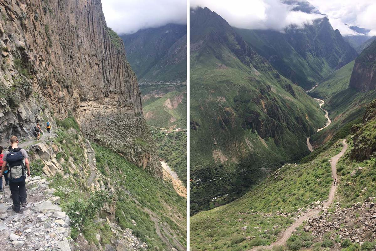 Colca Canyon trails surrounded by green scenery. 