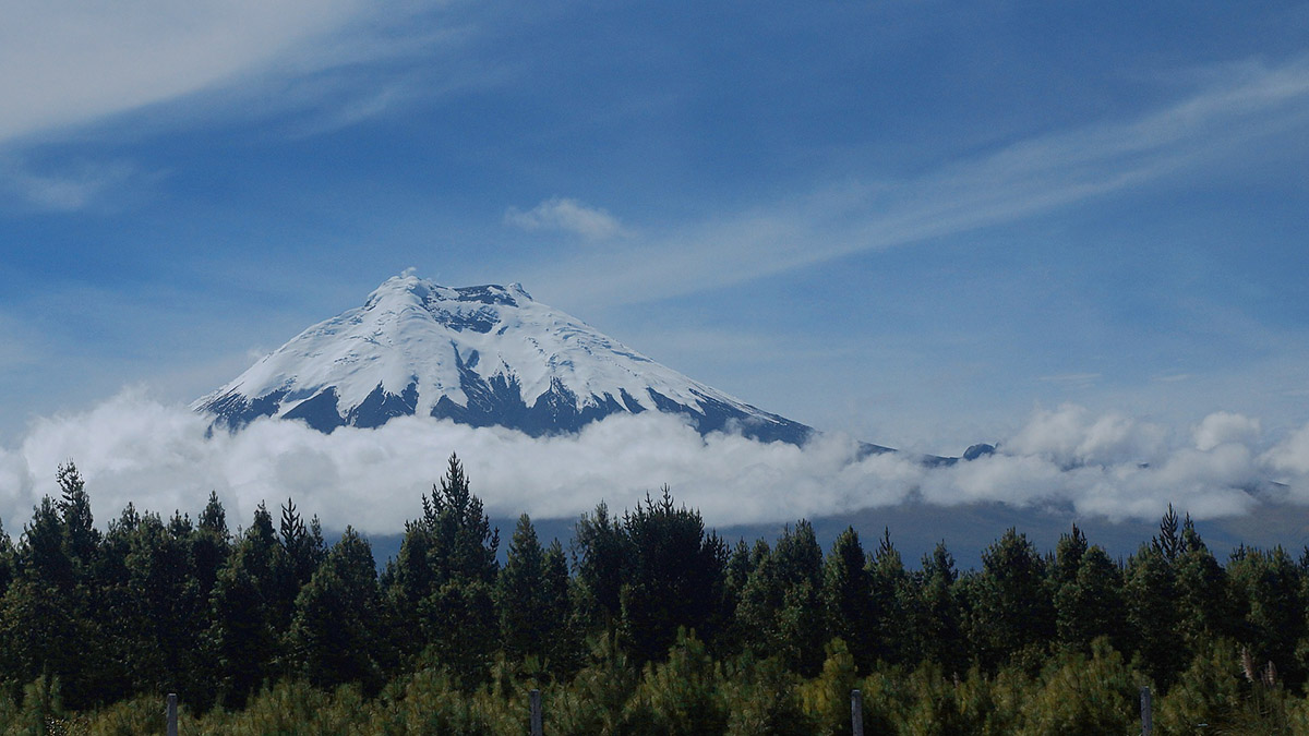 The snow-capped Cotopaxi Volcano has a lush national park surrounding the peak.