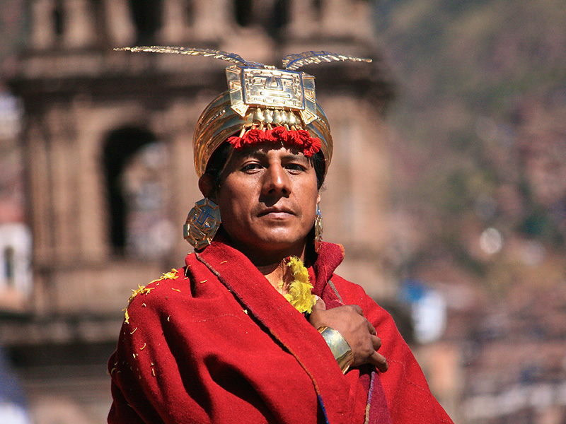 The Inca emperor at Inti Raymi, a reenactment of the Inca festival of the sun in Cusco.