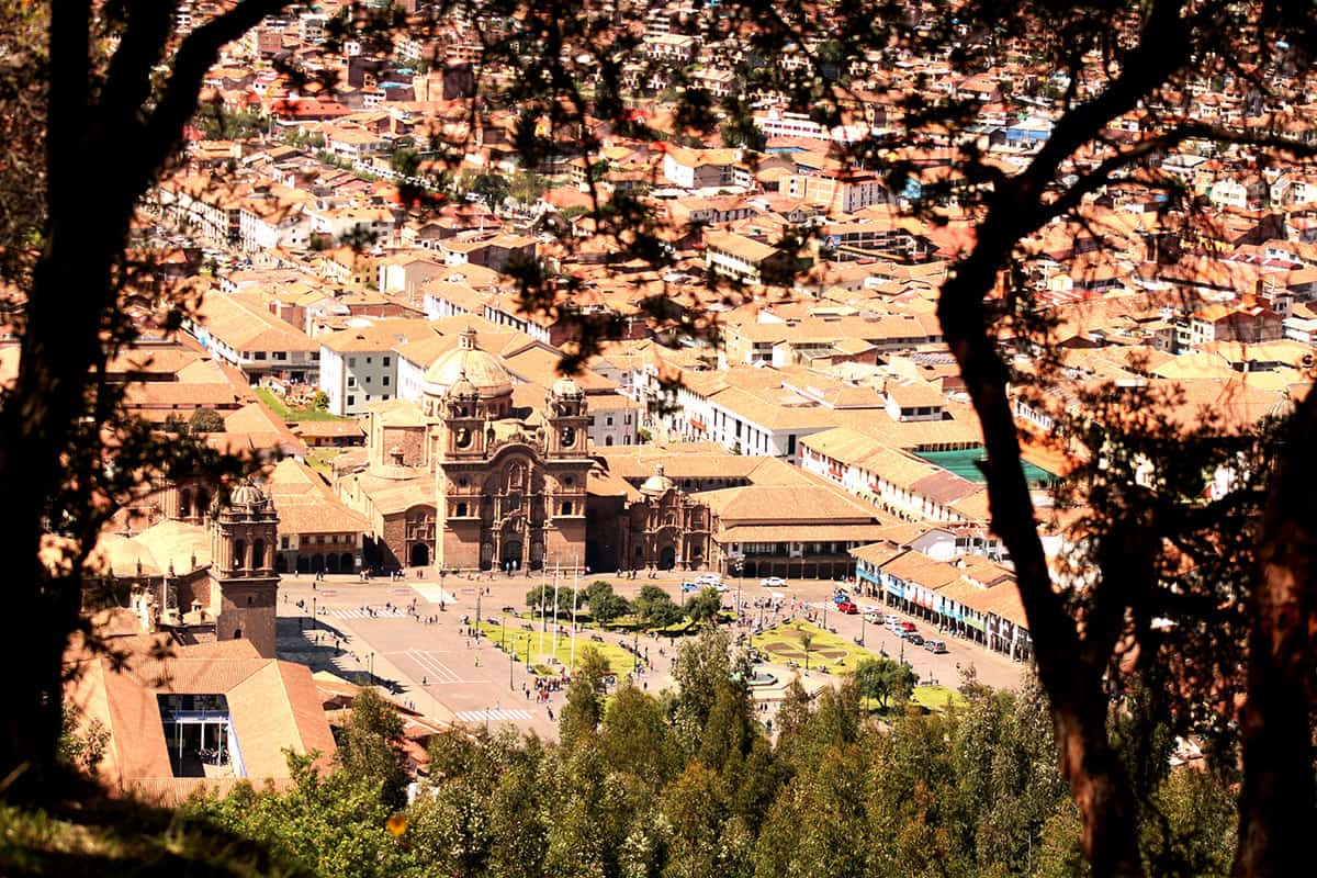 The Plaza de Armas (main square) of Cusco as seen from the ruins of Sacsayhuamán above the city.