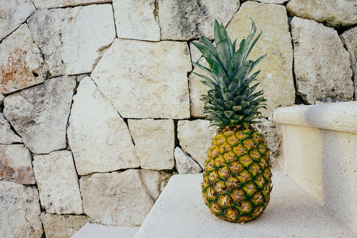 A pineapple on stairs against a rock wall background.