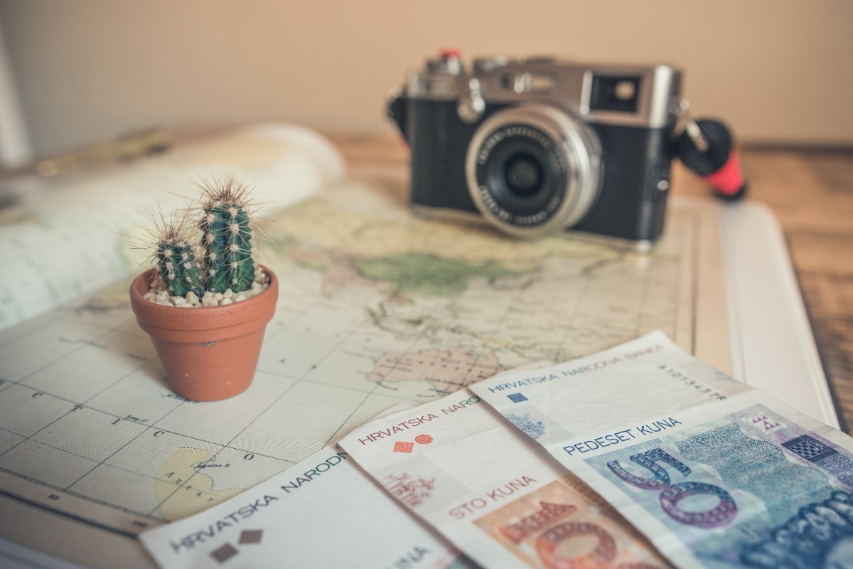 A side angle shot of money, a camera, and small cactus sitting on an atlas.