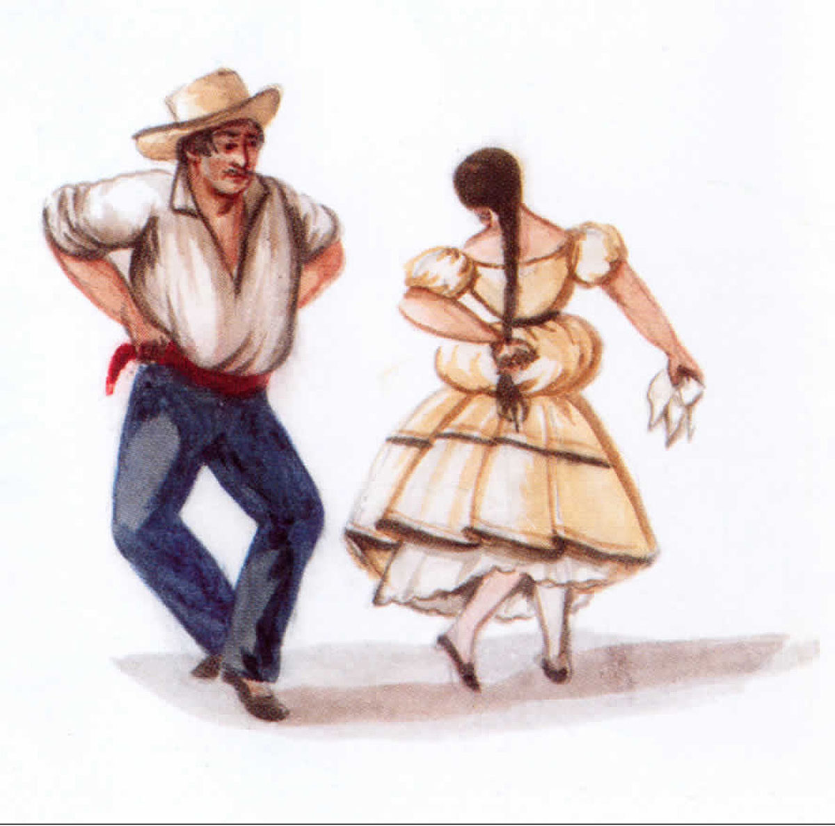 A painting by Francisco Fierro of two people dancing the Marinera.