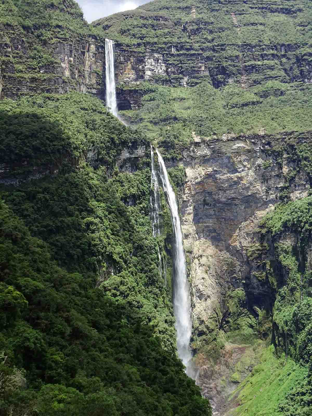 Two drops of one waterfall, the Gocta Waterfall, in Peru.