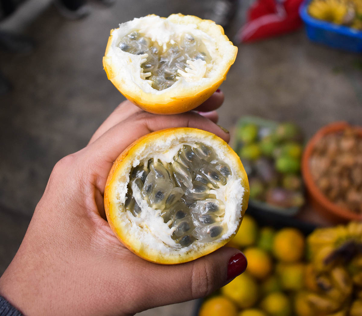 The inside of granadilla, a fruit similar to passionfruit found in Peru.