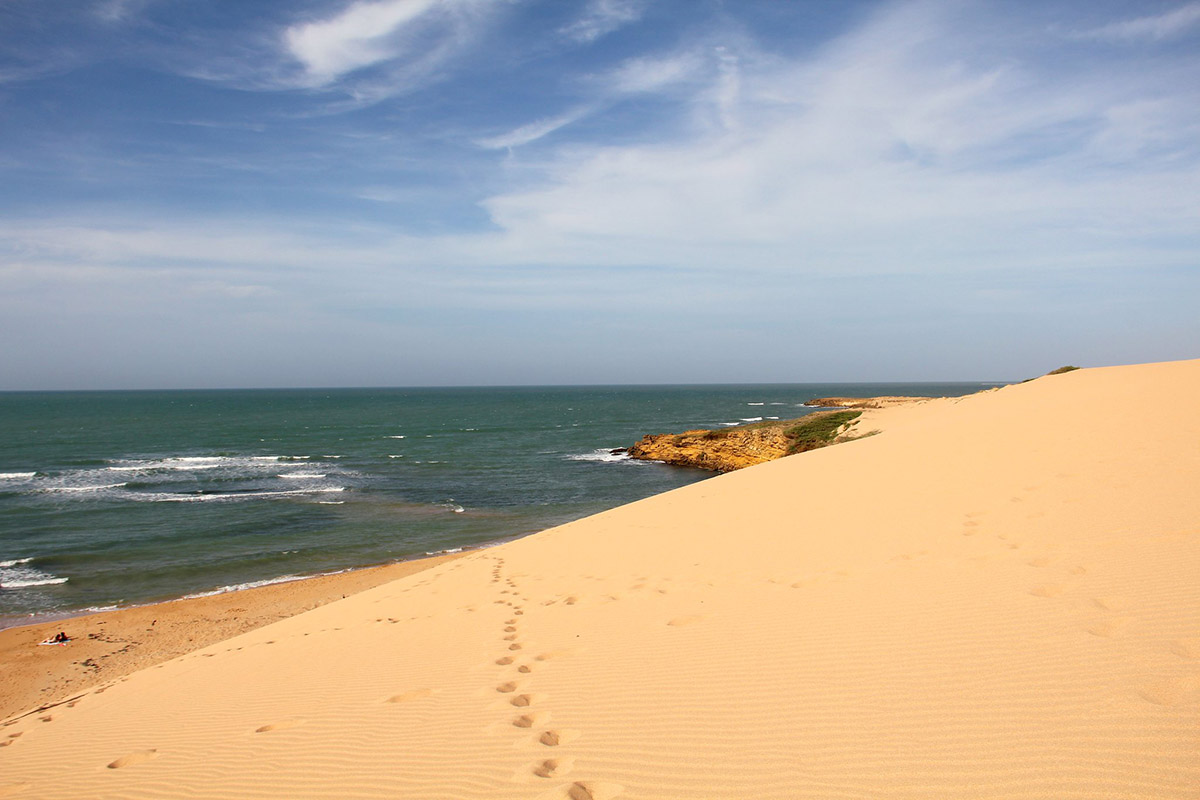 Footprints in the sand leading to the Caribbean Sea in the Guajira Desert.