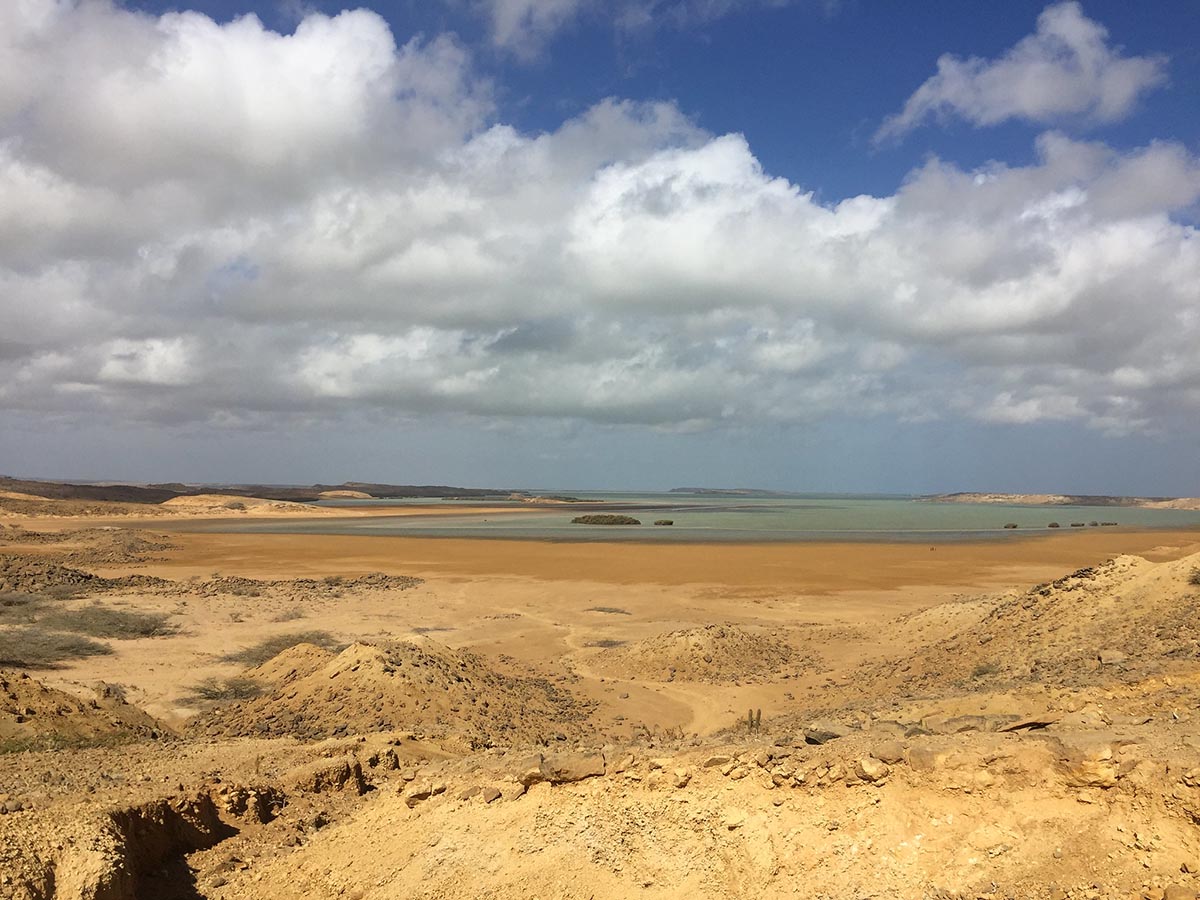 Barren, gold terrain stretches to the horizon in the Guajira Desert of South America.