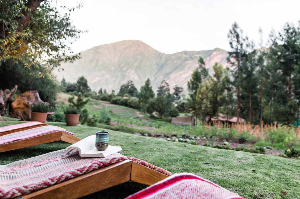 Mountain views of the valley from lounges at Hacienda Urubamba, one of the best spa resorts in Peru.