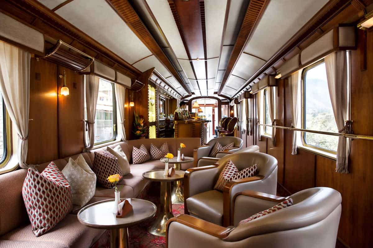Inside the modern bar car of the PeruRail Belmond Hiram Bingham train to Machu Picchu.