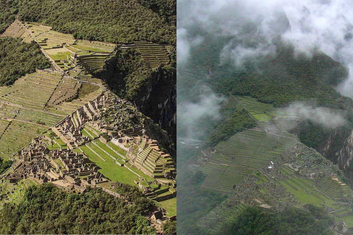 Two photos side-by-side showing the rainy and sunny views of Machu Picchu.