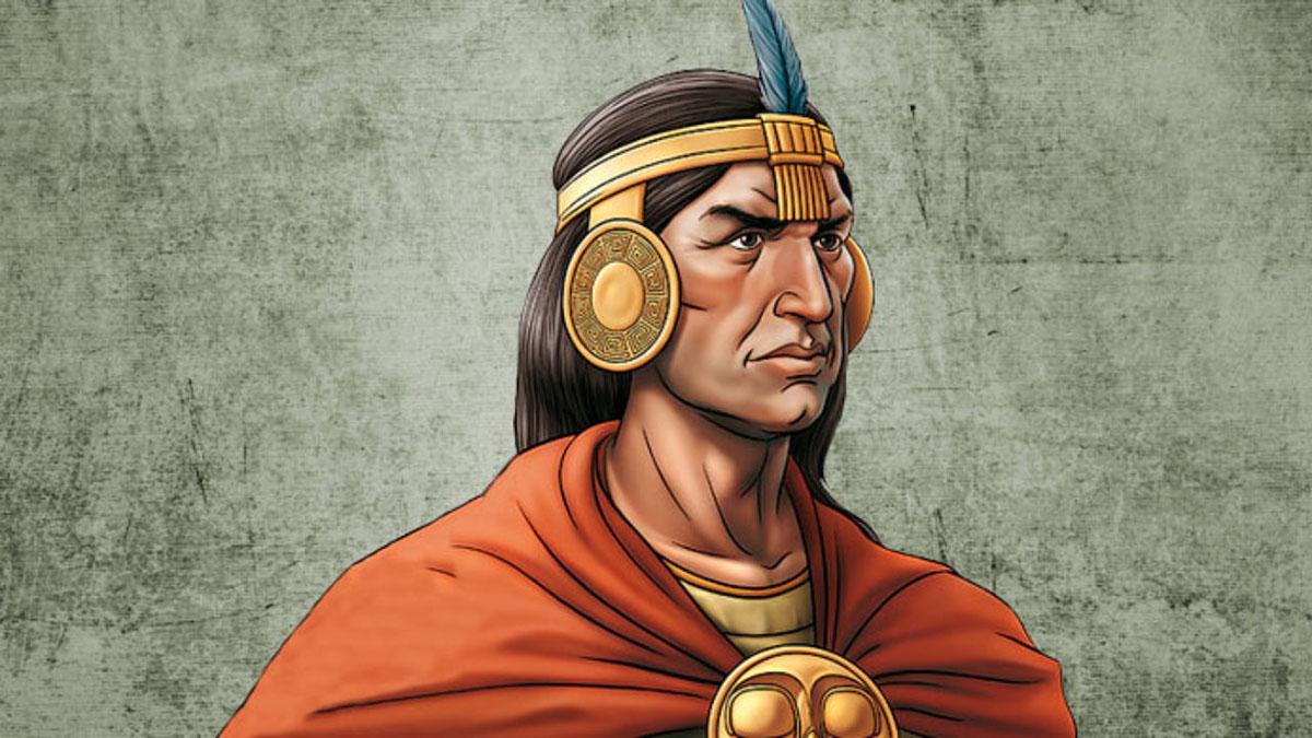 An artistic depiction of Inca emperor Pachacuti wearing traditional clothing adorned with gold.
