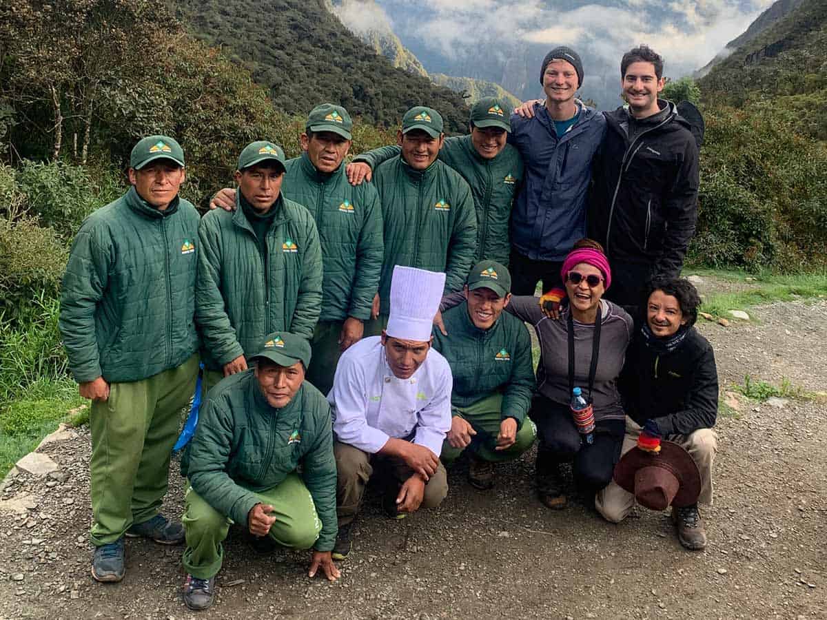 Inca Trial staff and trekkers posing for a photo