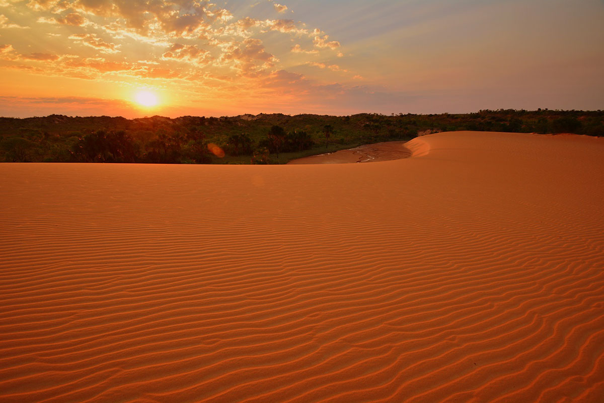 Sunset over deep orange dunes in the Jalapão Desert in South America.