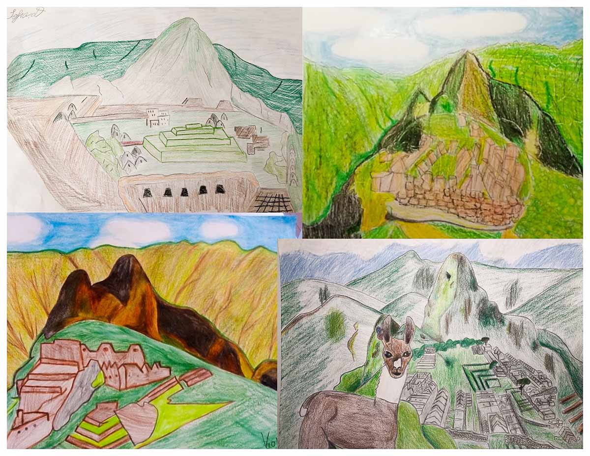 A collage of drawings made by students of Machu Picchu.