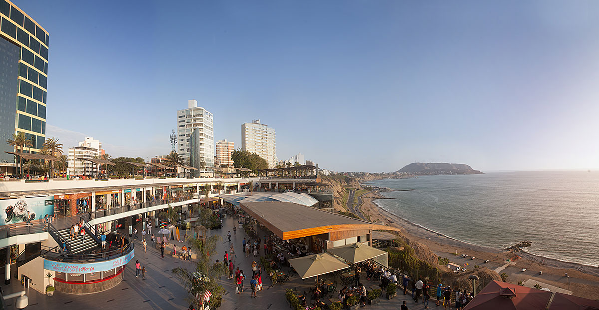 Larcomar located in Miraflores, Lima is a shopping mall that was built into a cliff. Lacomar has an ocean view.