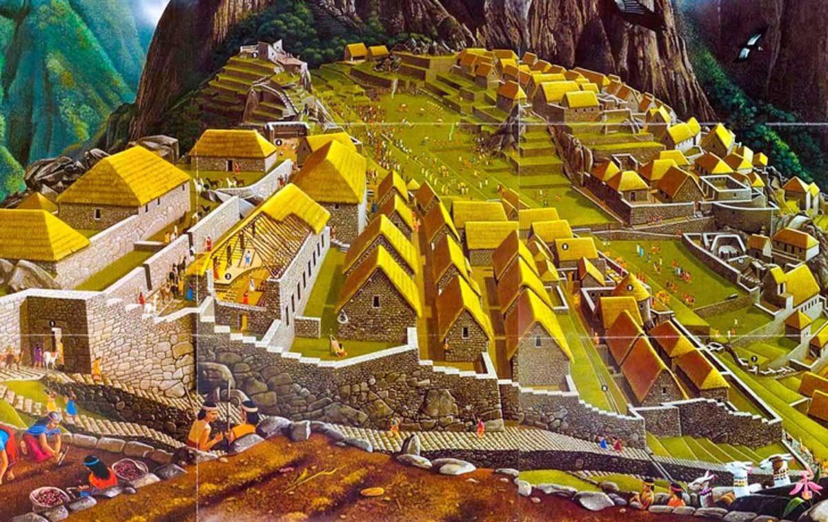 A colorful illustration of what Machu Picchu may have looked like when the Inca lived there.