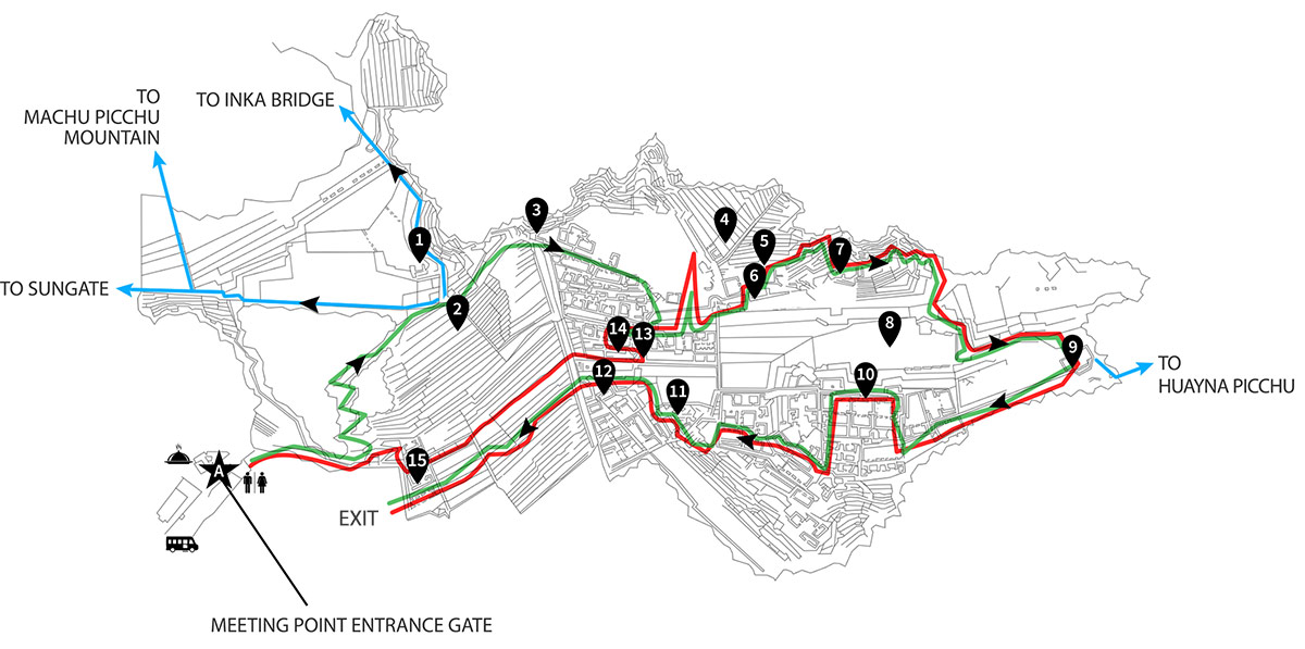 Areal map of Machu Picchu showing different color coded walking routes around the site.