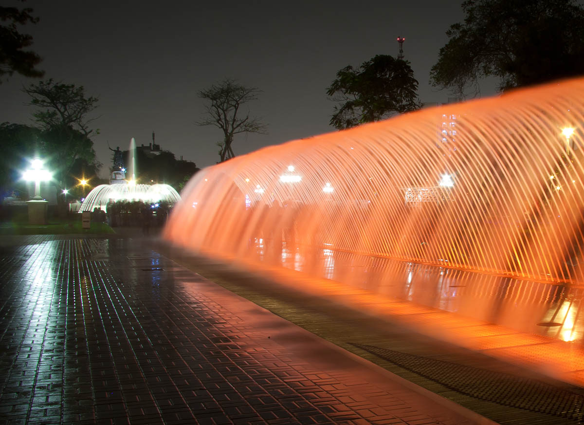 Lit up water fountains at the Magical Water Circuit in Lima, Peru.