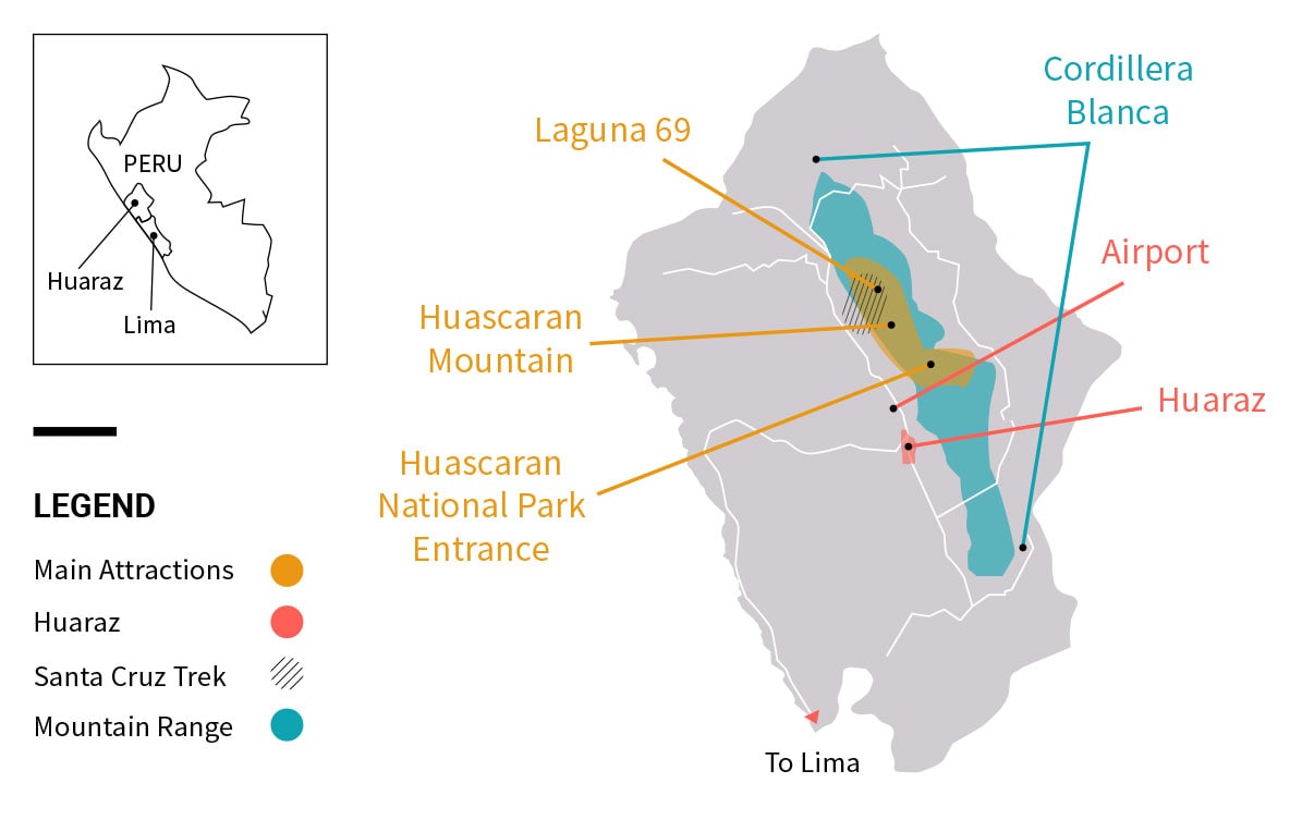 Map of Huaraz and the nearby Huascaran National Park