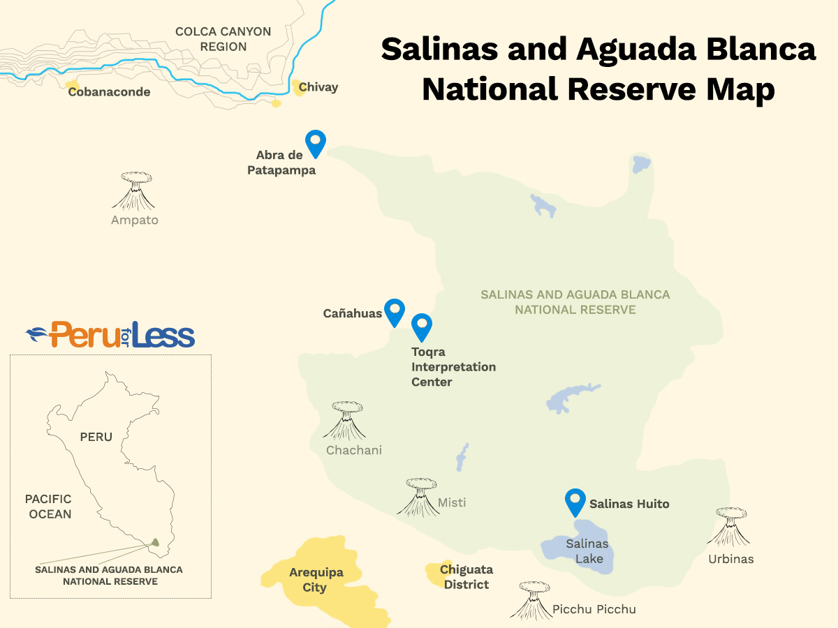 A map of Salinas and Aguada Blanca National Reserve visitor sites, volcanoes, lakes and location.