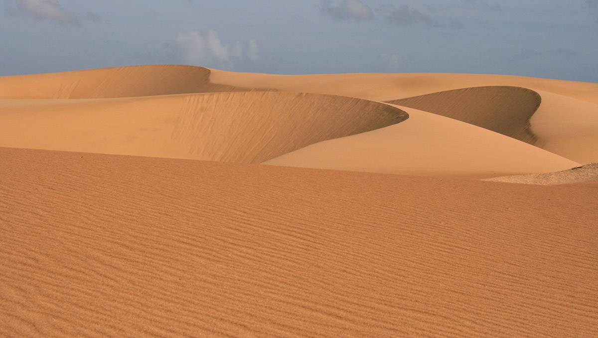 Rolling orange sand dunes under gray skies in the Médanos de Coro Desert in South America.