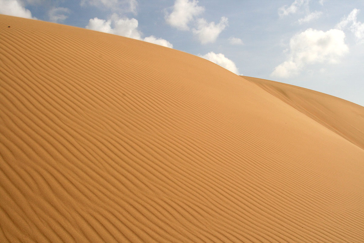 Tall, orange sand dune with wavy texture from the wind.