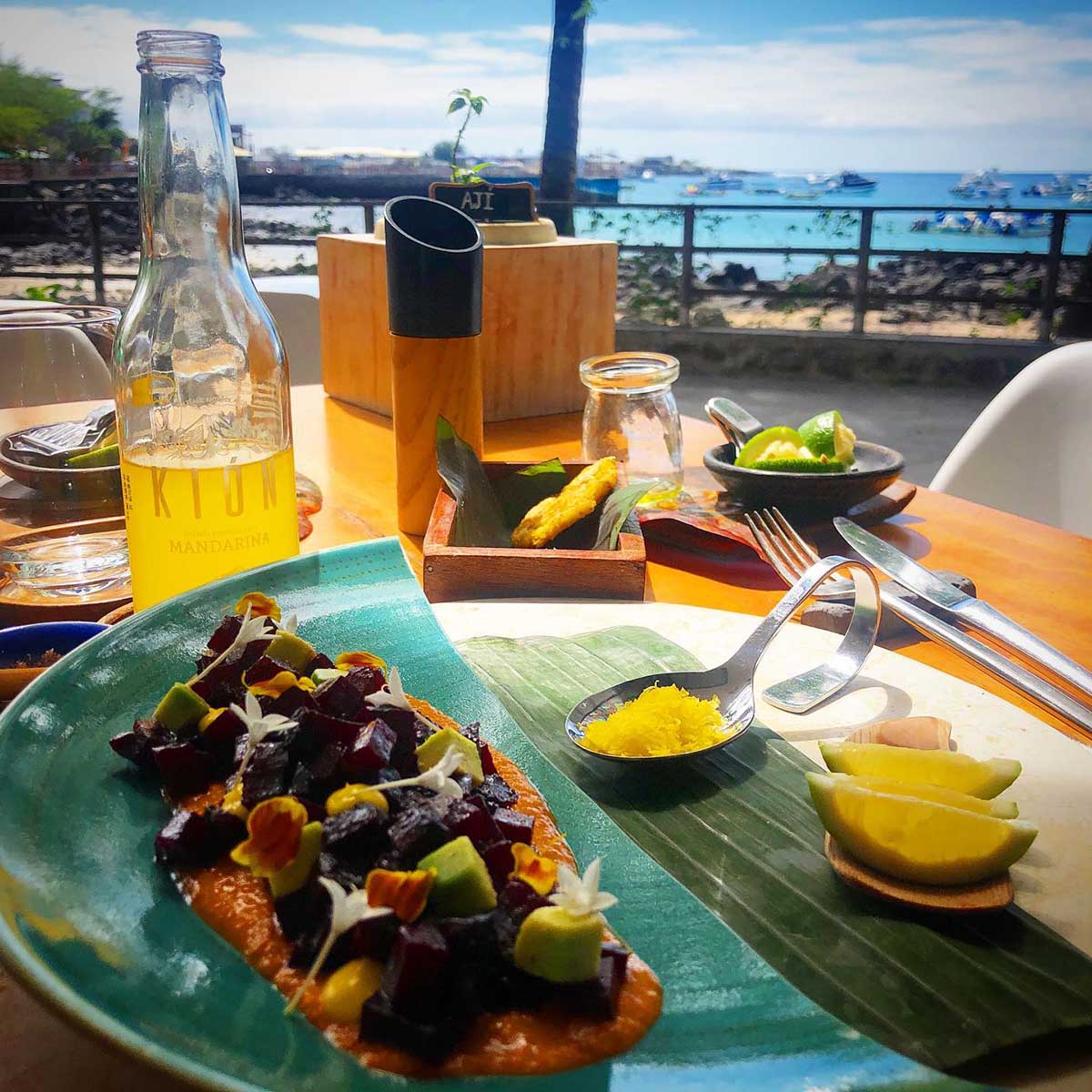 Healthy Ecuadorian food at Muyu Restaurant of San Cristobal Island overlooking the crystal blue sea.