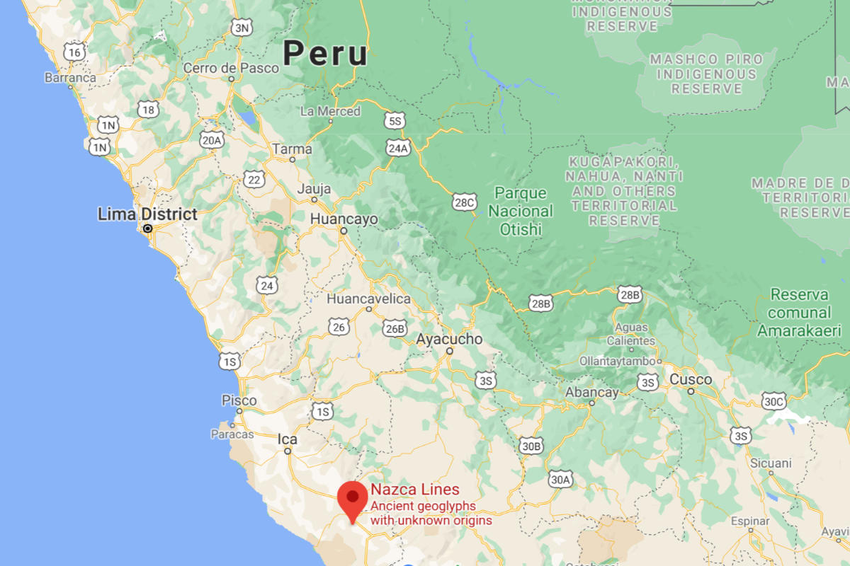 Map with marker at the location of the Nazca Lines, with Lima and Cusco also indicated.
