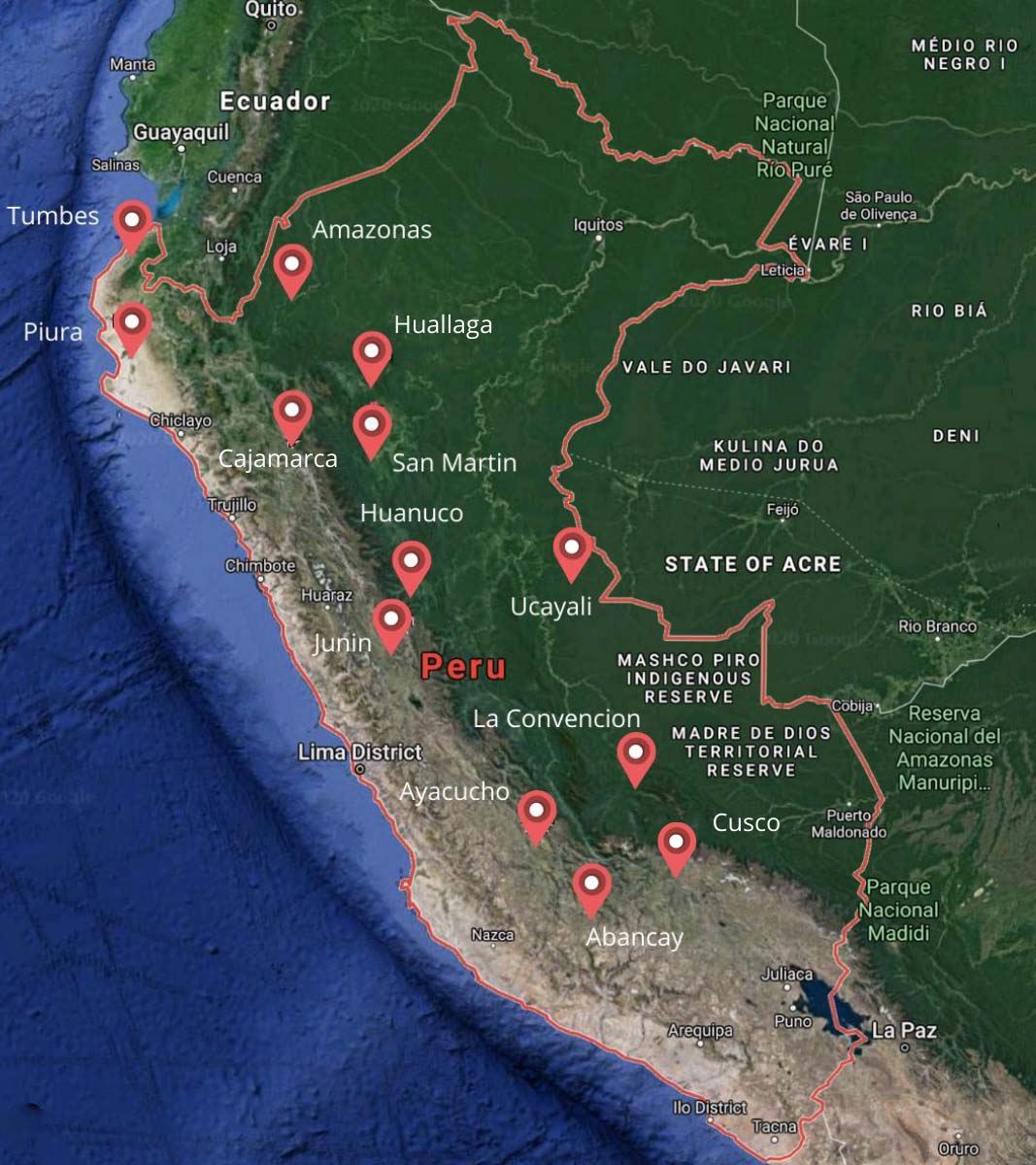 Map with markers for the areas cacao plants grow in Peru, including the coast, Amazon, and Andes.