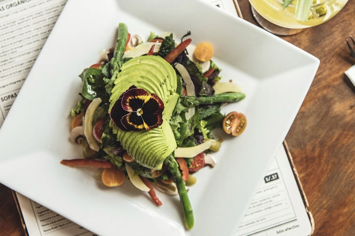 A vegetarian salad with mixed vegetables, avocado, and a decorative flower on a white square plate.