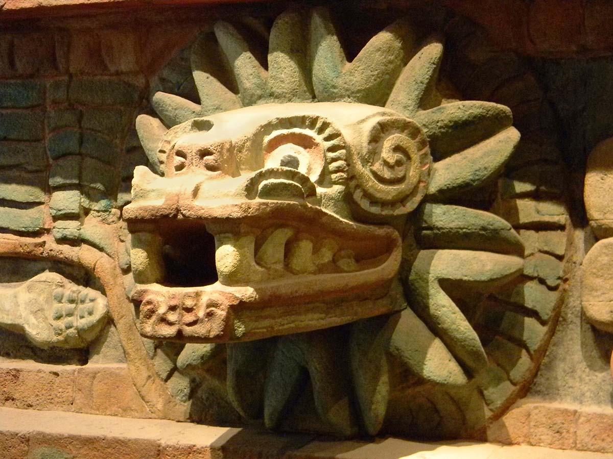 Statue of Quetzalcoatl, the feathered serpent god the Aztec believed gave cacao as a gift to humans.