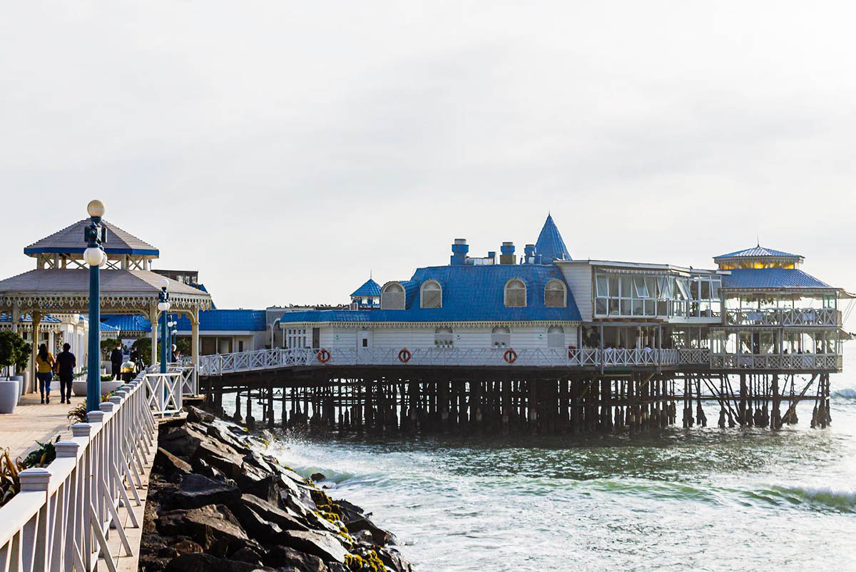The Rosa Nautica restaurant sits on a rocky pier above the Pacific Ocean in Lima.
