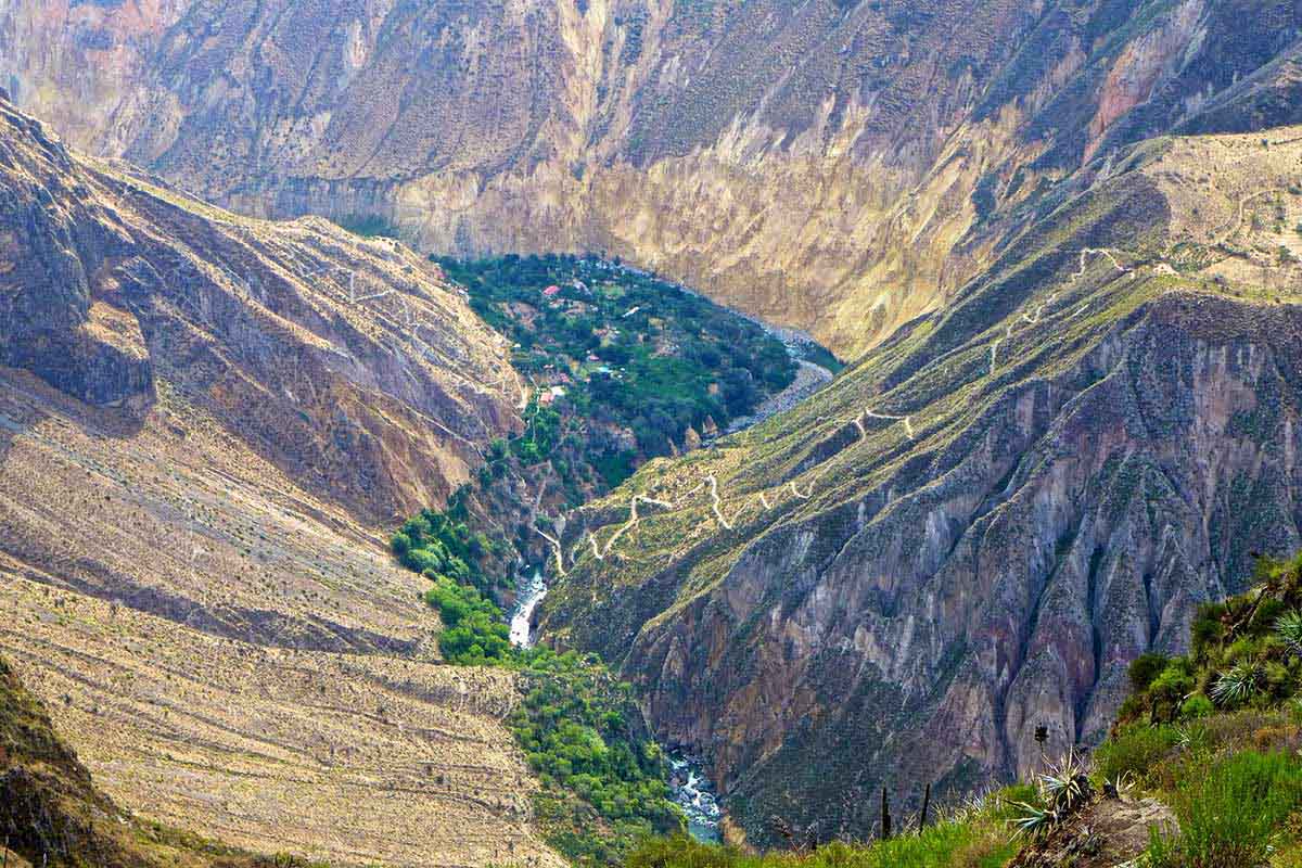 Walking trails to the village of San Juan de Chuccho at the base of Colca Canyon with river below. 