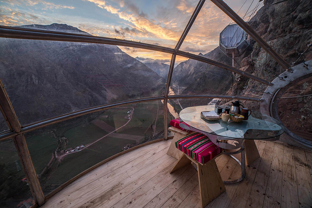 Glass room of Skylodge Adventure Suite, a Sacred Valley hotel offering cliffside lodging