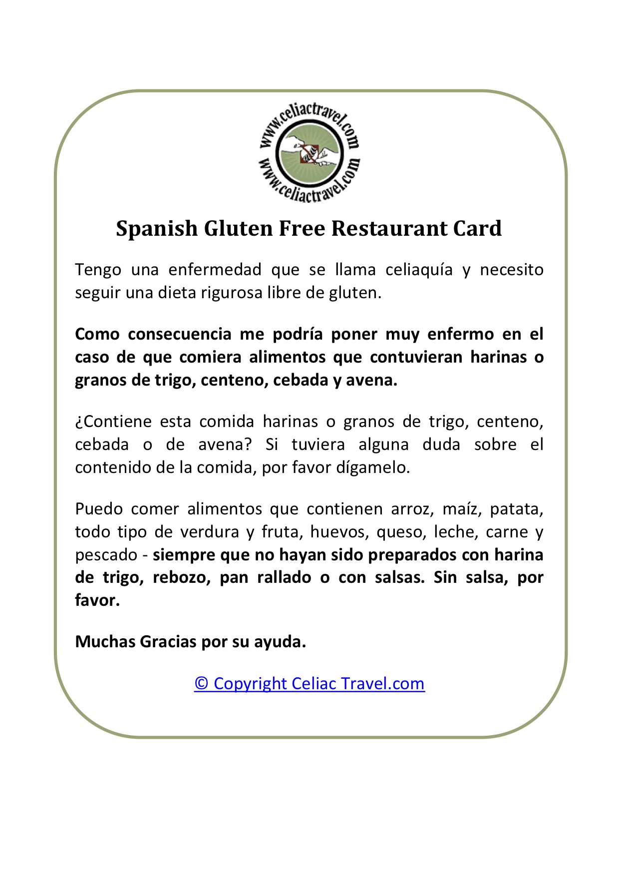 A gluten-free health certificate in Spanish to give your server.