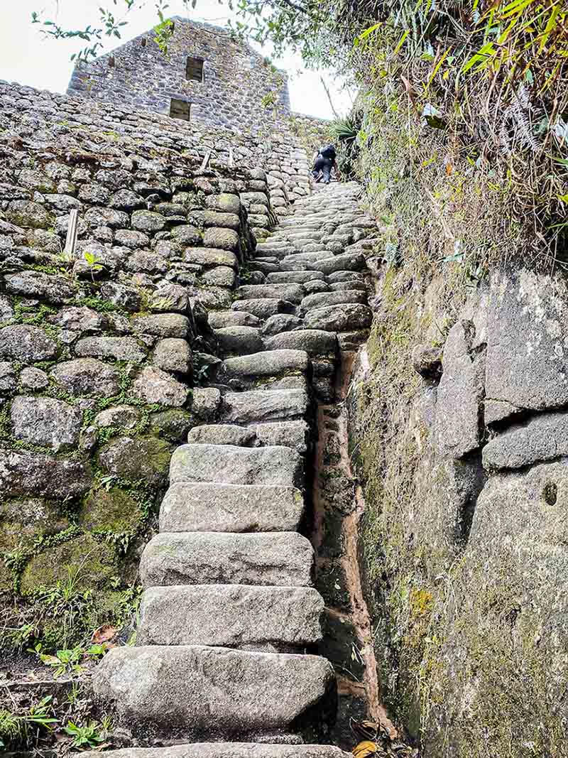 A view looking up at the steep and narrow Stairs of Death.