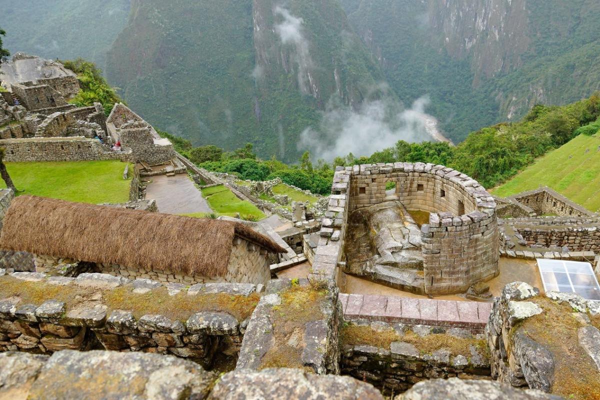 A view looking down on the Sun Temple in Machu Picchu. It is situated in the heart of the ruins.