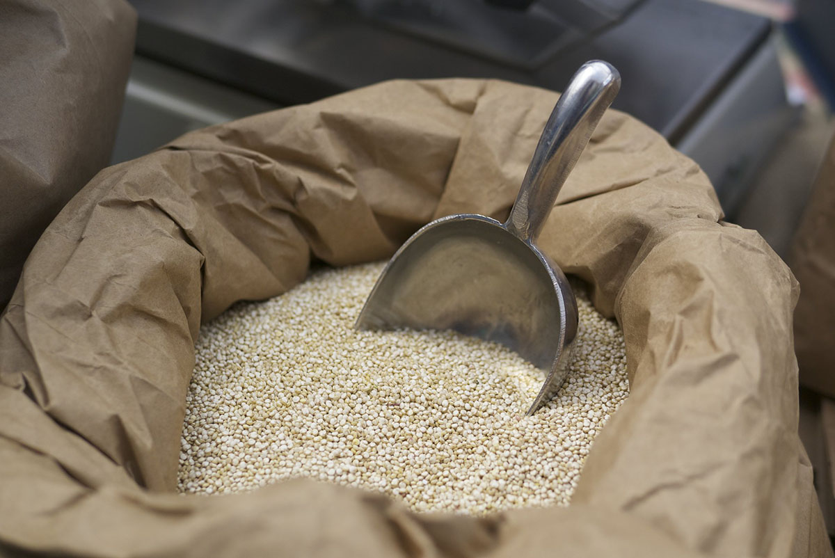 White quinoa seeds in an open paper sack with a metallic spoon to scoop with.