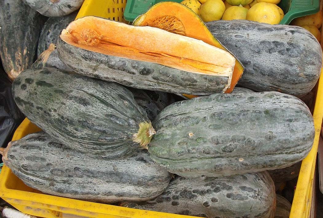 A stack of zapallo loche, a pumpkin commonly used in Peruvian foods.